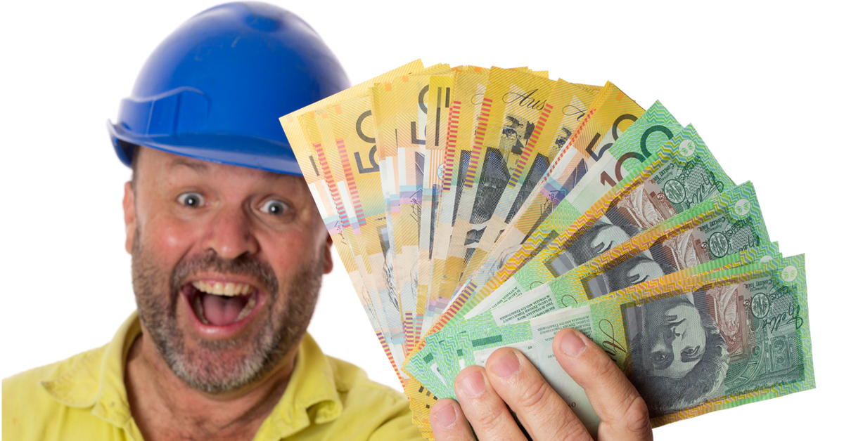 Man Wearing Hard Hat Smiling Holding Australian Money